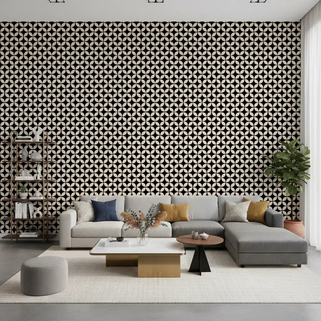 Bold black and cream petal wallpaper frames a living room in graphic order GD11665
