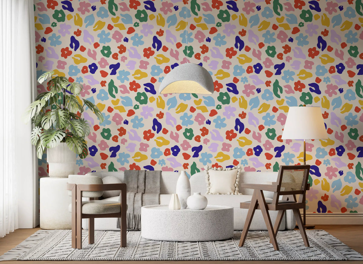 Retro Floral Pop Pattern Wallpaper warms a cheerful living room setting GD11667
