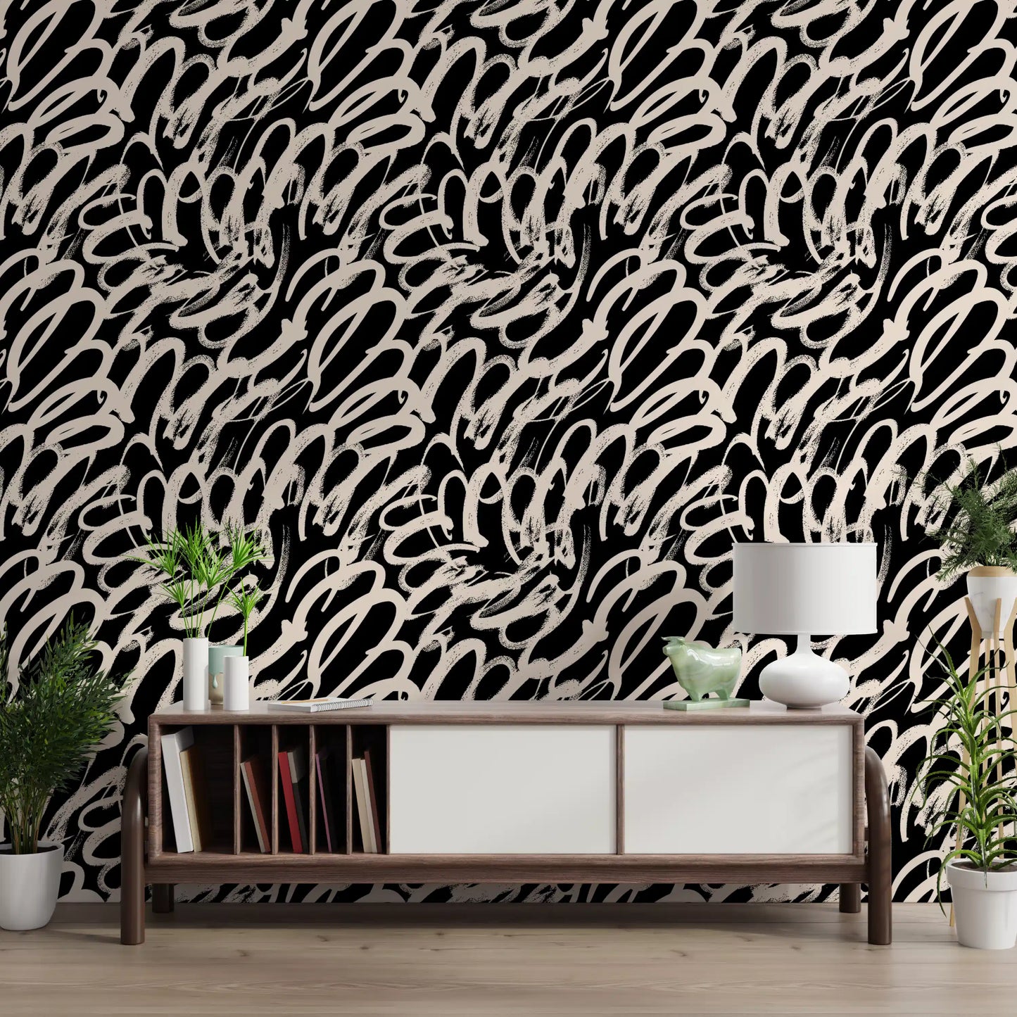Monochrome Swirl Abstract Line Art Wallpaper⁠