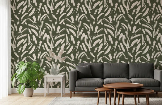 Sage green brushstrokes wallpaper warming a calm living room GD11686
