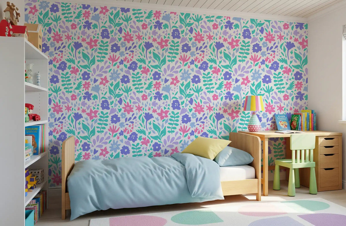 Pastel Meadow Bloom wallpaper glows across a cheerful kids' room GD11689
