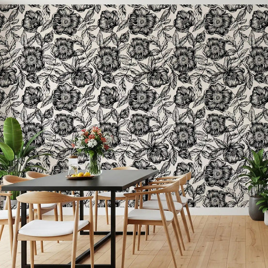 Black florals drape a Dining room in Ink Blossom Garden wallpaper GD11690
