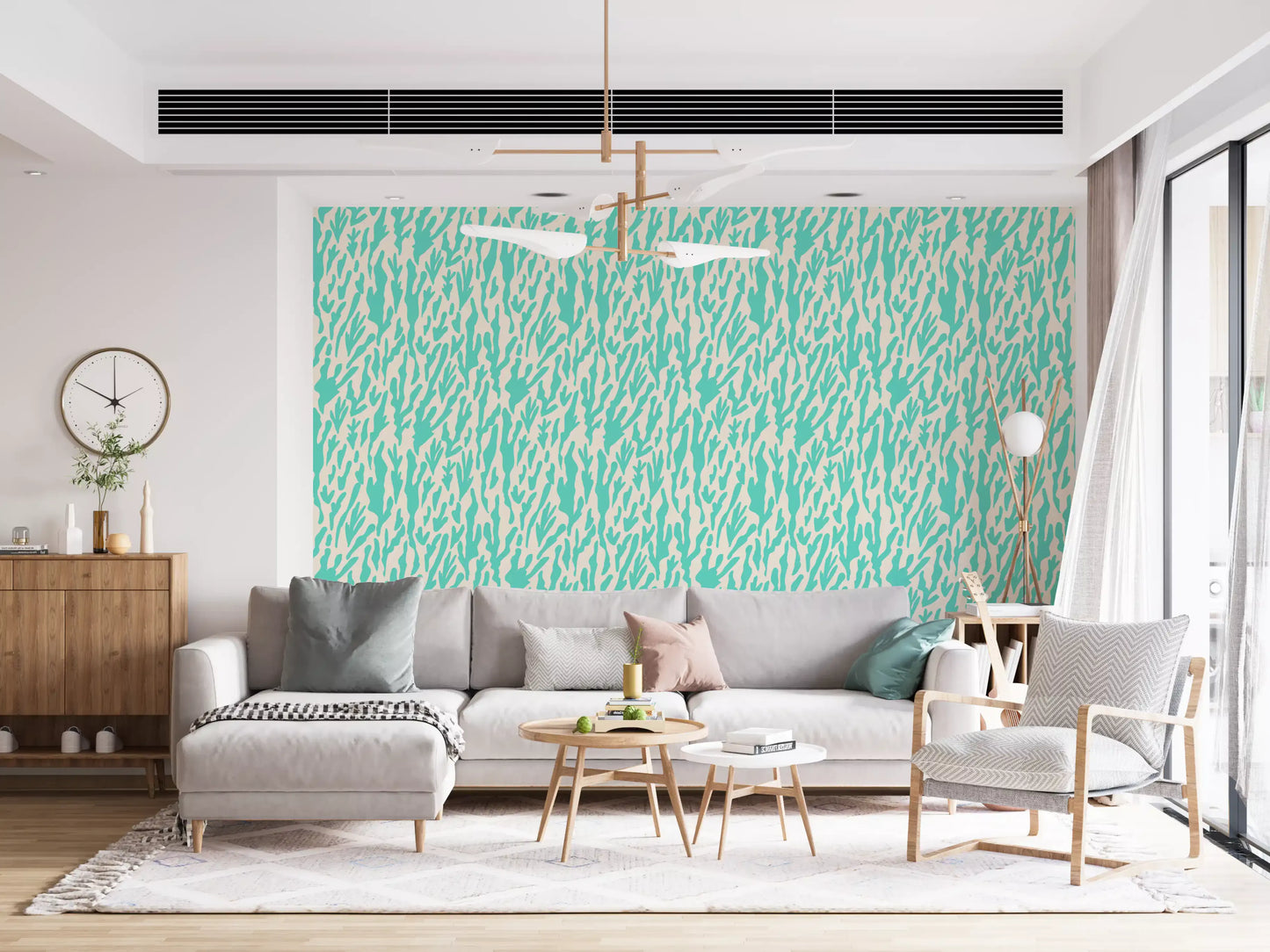 Minimalist Teal Botanical Waves Wallpaper⁠