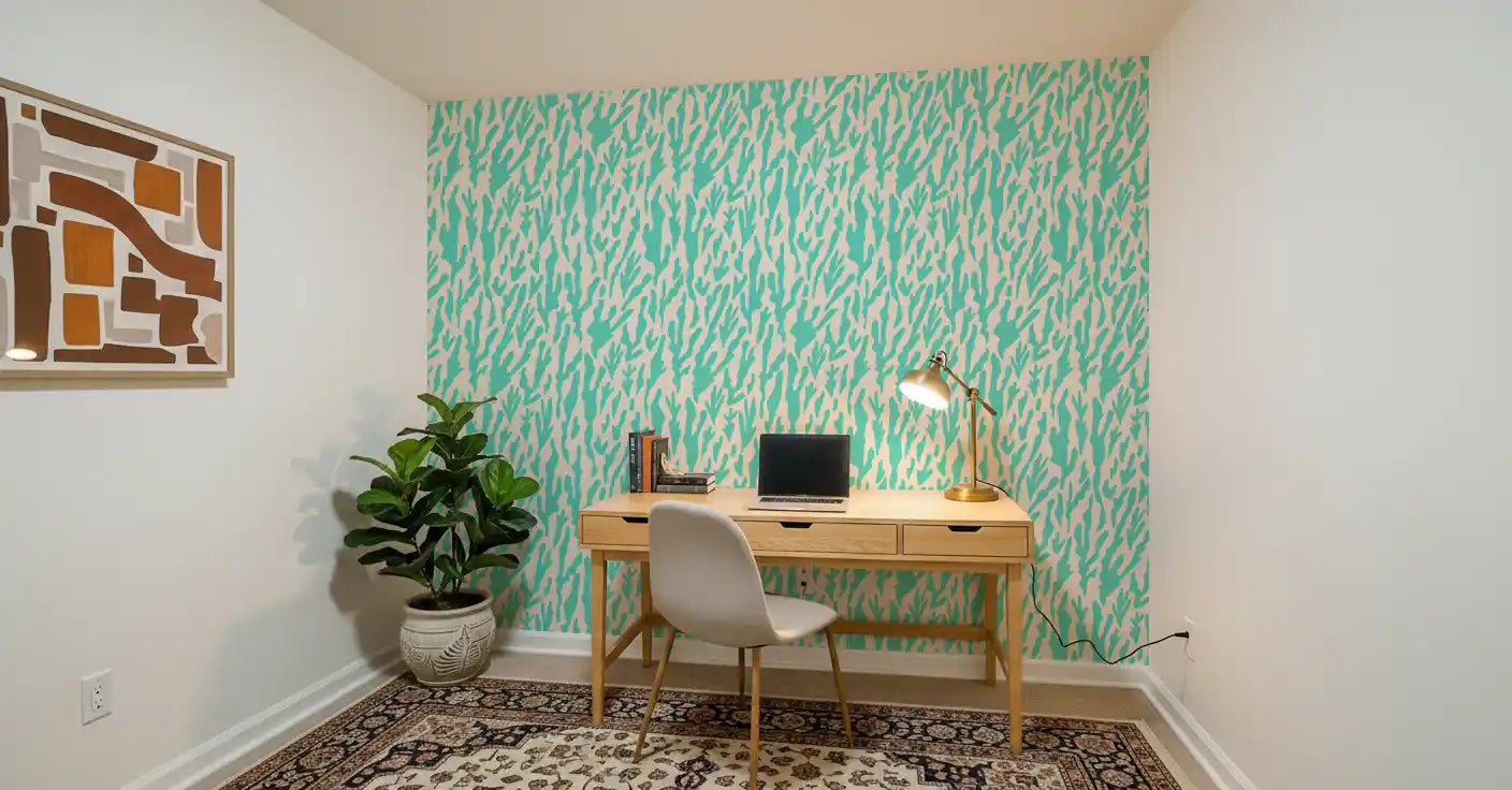 Minimalist Teal Botanical Waves Wallpaper⁠