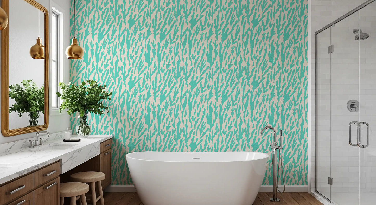 Minimalist Teal Botanical Waves Wallpaper⁠