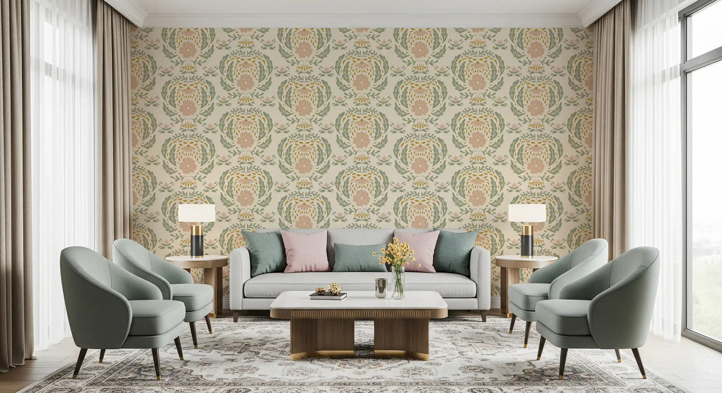 Sage and Blush Damask Botanical Wallpaper⁠