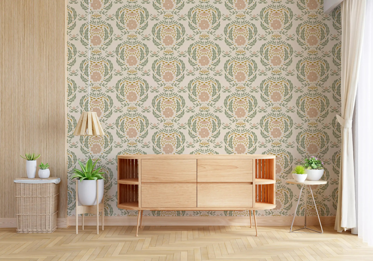 Sage and Blush Damask Botanical Wallpaper⁠