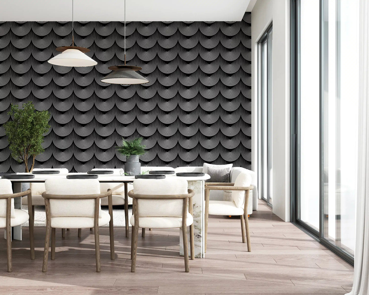 Monochrome Geometric Arc Pattern Wallpaper⁠
