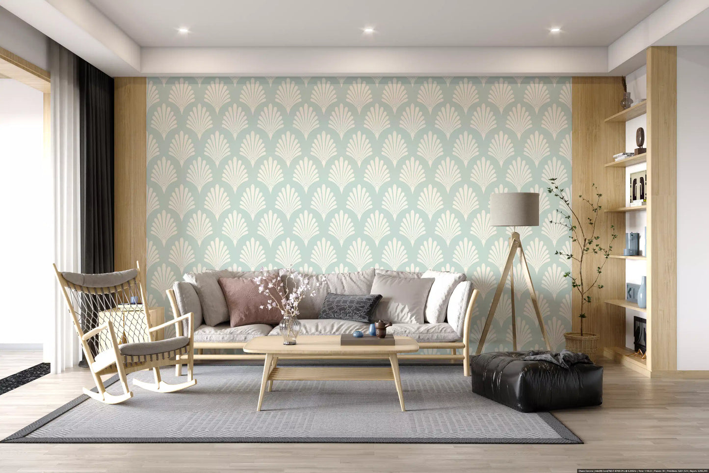 Art Deco Fan Pattern in Sage and Cream Wallpaper⁠