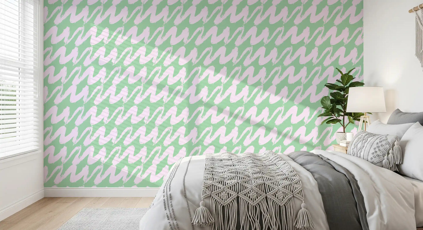 Soft Sage and Pink Wavy Brushstrokes Wallpaper⁠