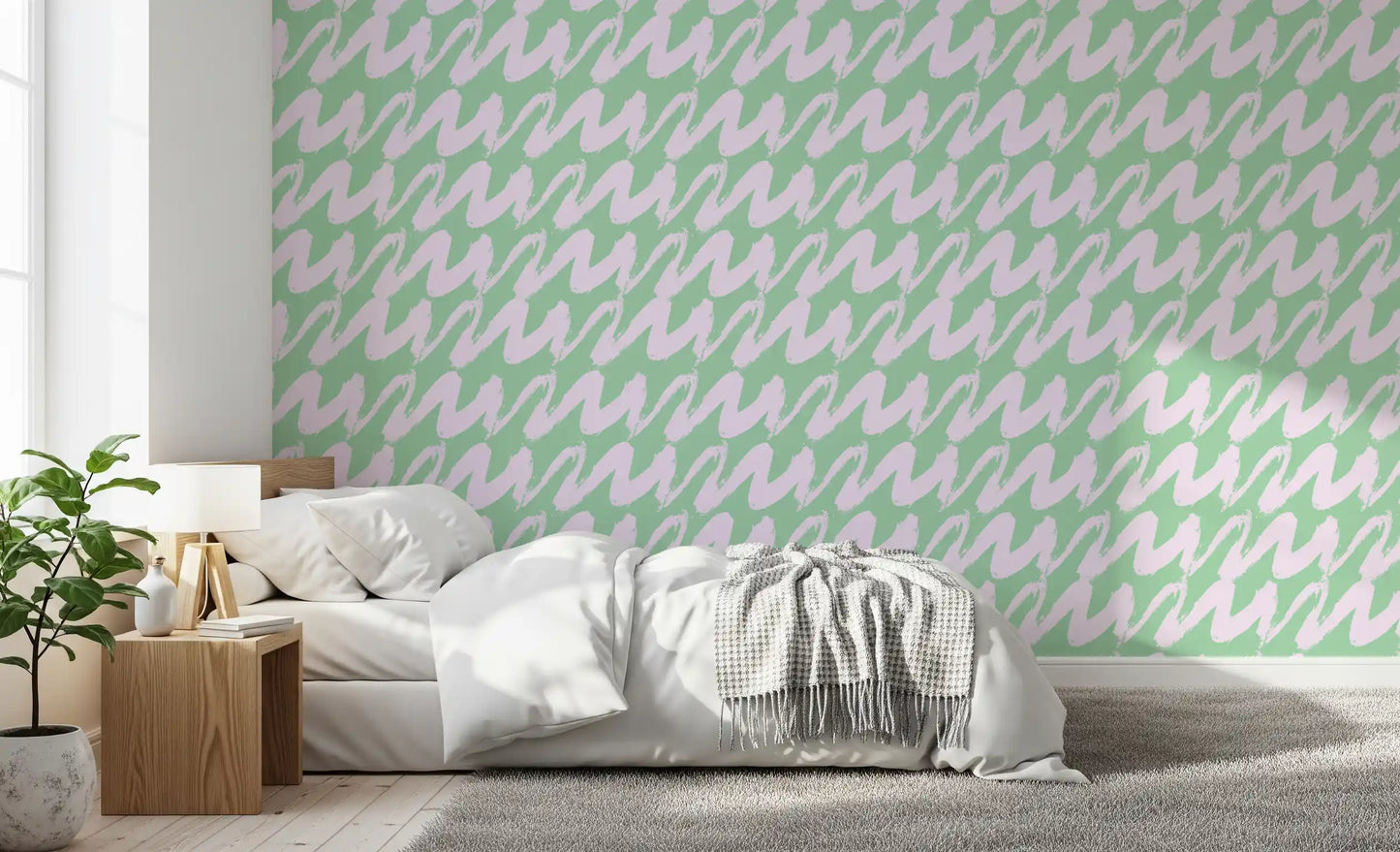 Soft Sage and Pink Wavy Brushstrokes Wallpaper⁠