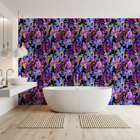 Neon tropical wallpaper glows in a bathroom with purple leaves and lilies GD11711
