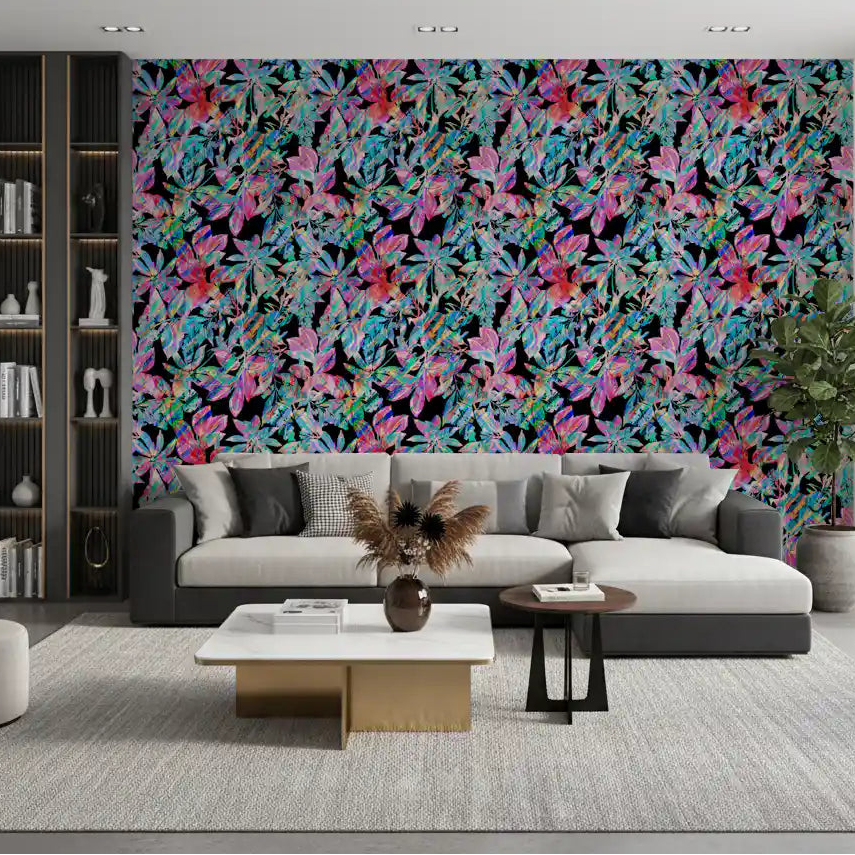 Chromatic tropical foliage wallpaper makes a bold living room feature GD11712
