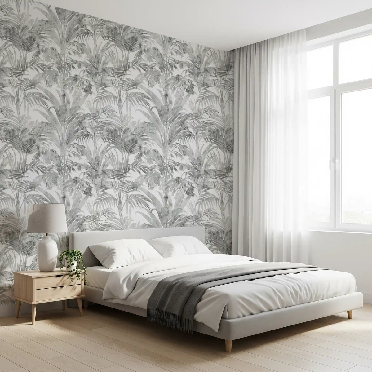 Ethereal palm fronds wrap a bedroom in grey and white sketch wallpaper GD11713
