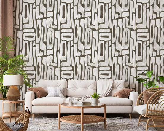 Abstract Organic Stone Motif wallpaper fills a warm living room, GD11714
