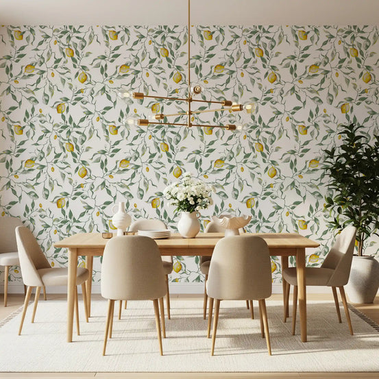Lemon and leaf wallpaper warms a dining room with a fresh feel GD11717
