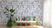 Cream and Cobalt Floral Wallpaper⁠