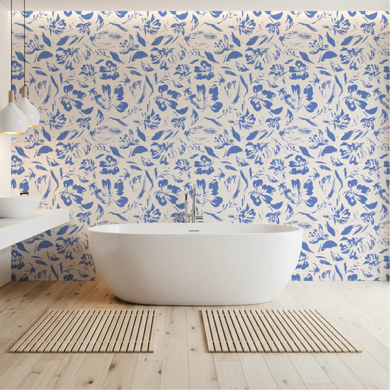 Cobalt blooms wrap a calm bathroom in this Cream and Cobalt Floral wallpaper. GD11727

