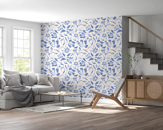 Cream and Cobalt Floral Wallpaper⁠
