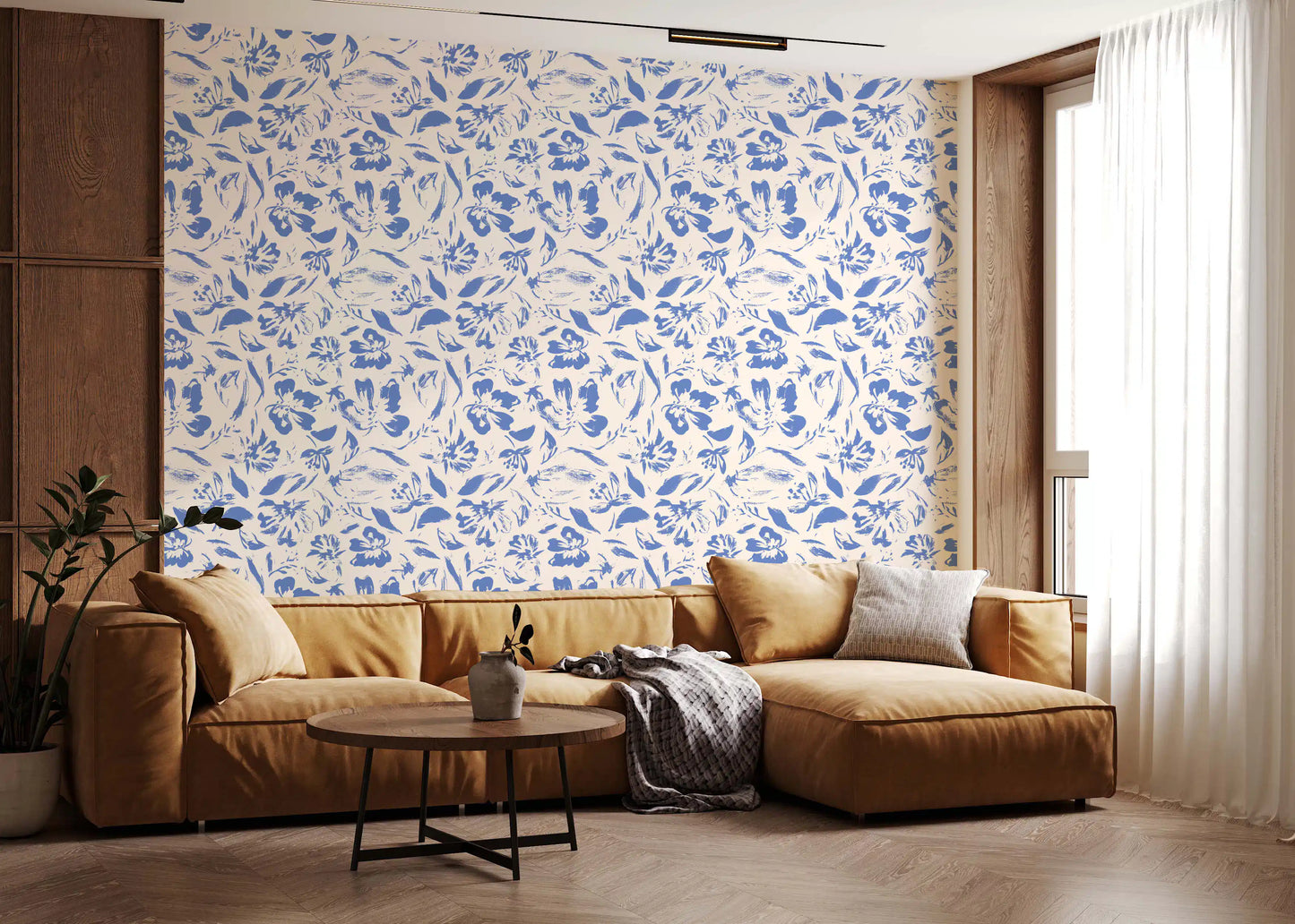 Cream and Cobalt Floral Wallpaper⁠
