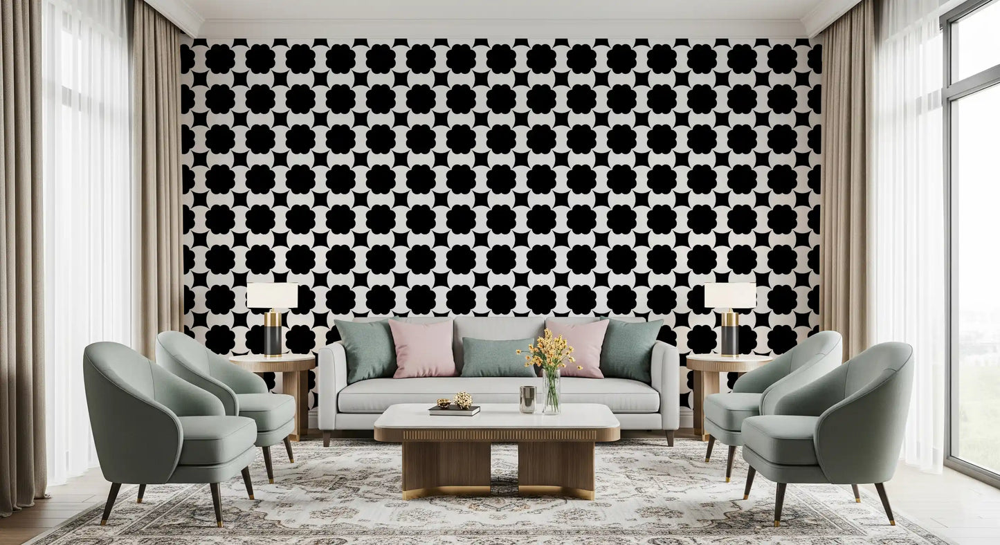 Monochrome Floral Lattice Wallpaper⁠