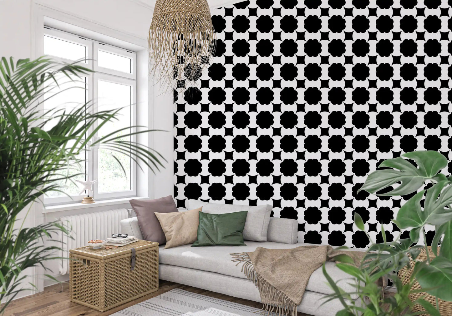 Monochrome Floral Lattice Wallpaper⁠