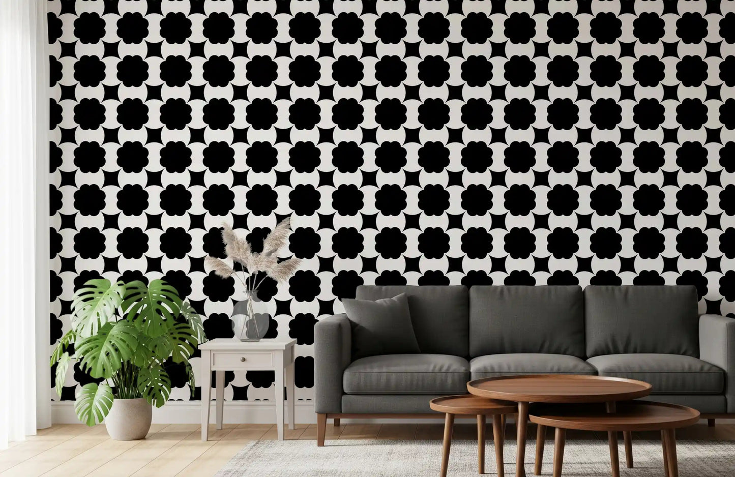 Monochrome Floral Lattice Wallpaper⁠