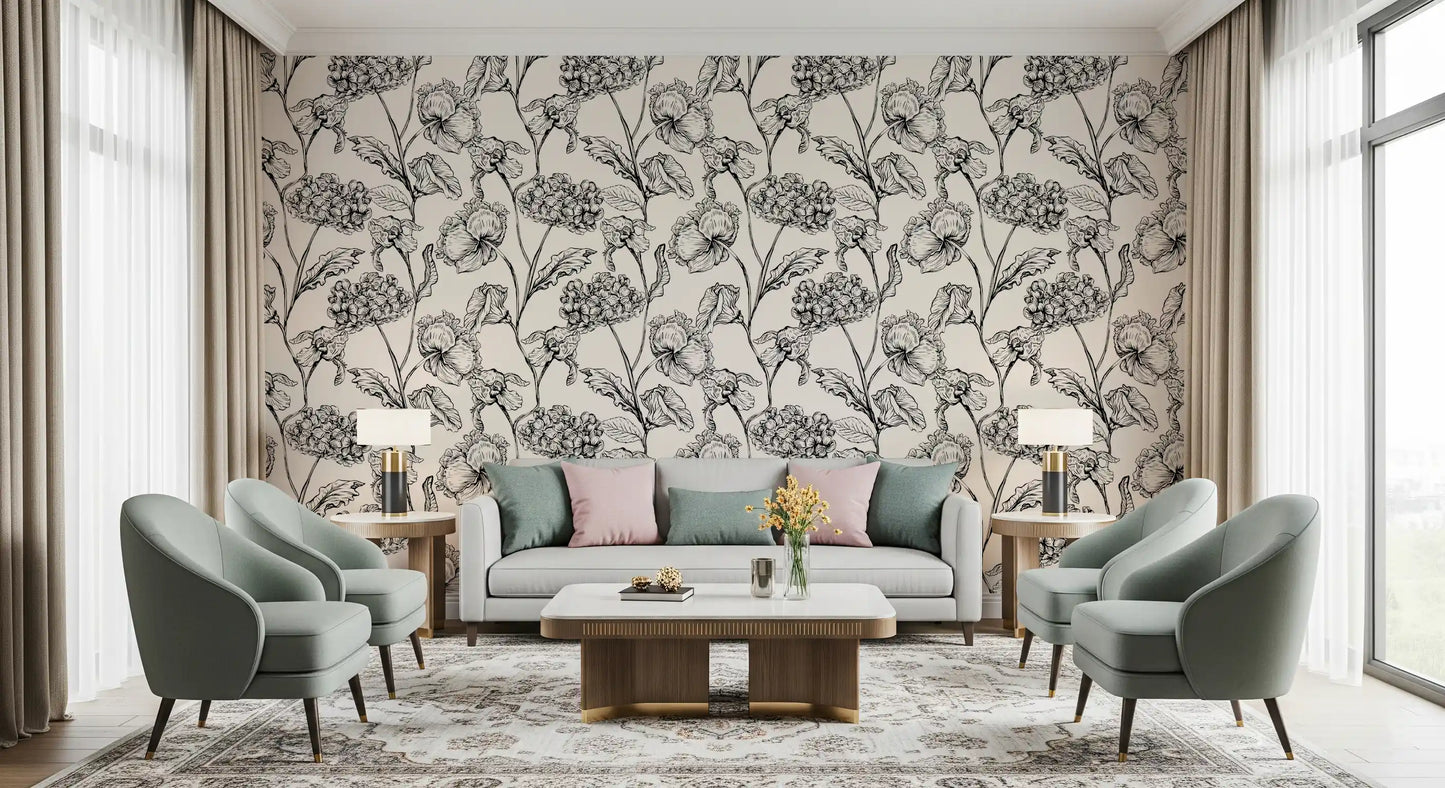 Monochrome Botanical Line Art Wallpaper⁠