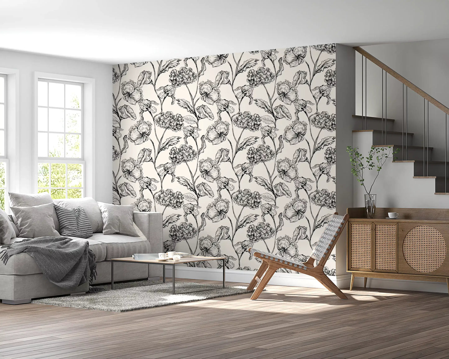 Monochrome Botanical Line Art Wallpaper⁠