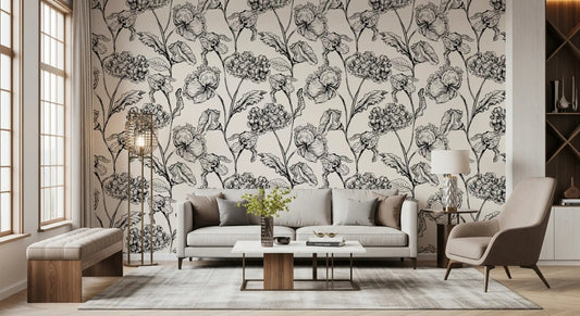 Sketched black florals cover a living room in monochrome botanical wallpaper GD11730
