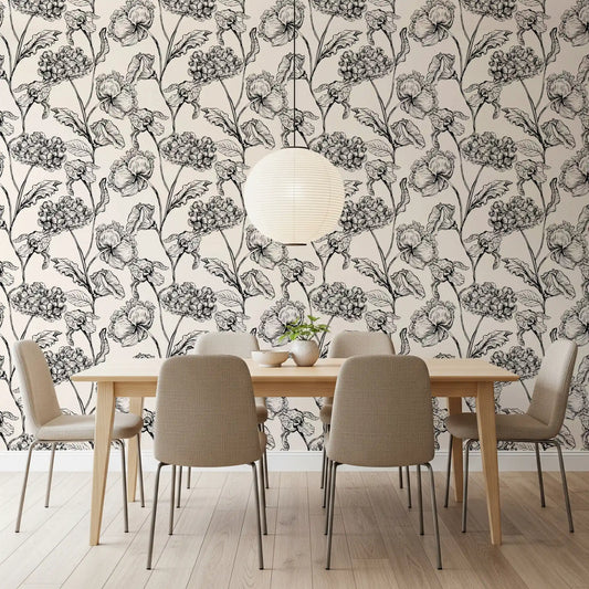 Monochrome botanical wallpaper frames a calm dining room with outlined blooms GD11730
