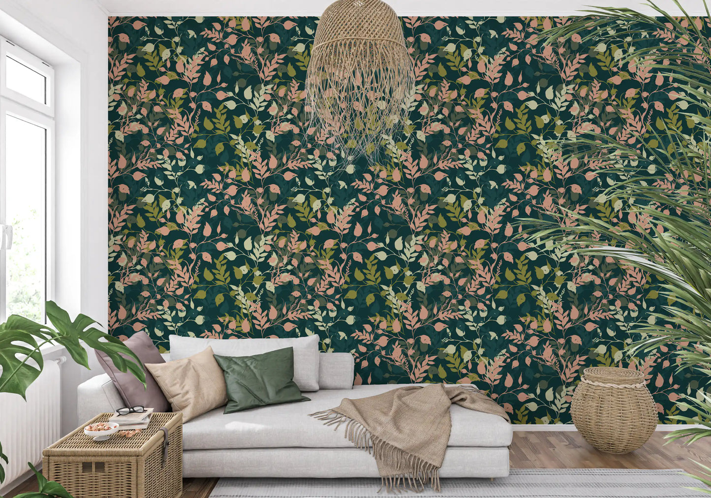 Midnight Garden Botanical Leaf Silhouette Wallpaper⁠