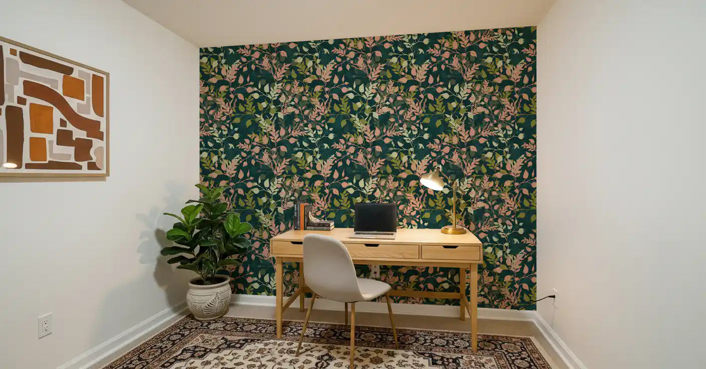 Midnight Garden Botanical Leaf Silhouette Wallpaper⁠