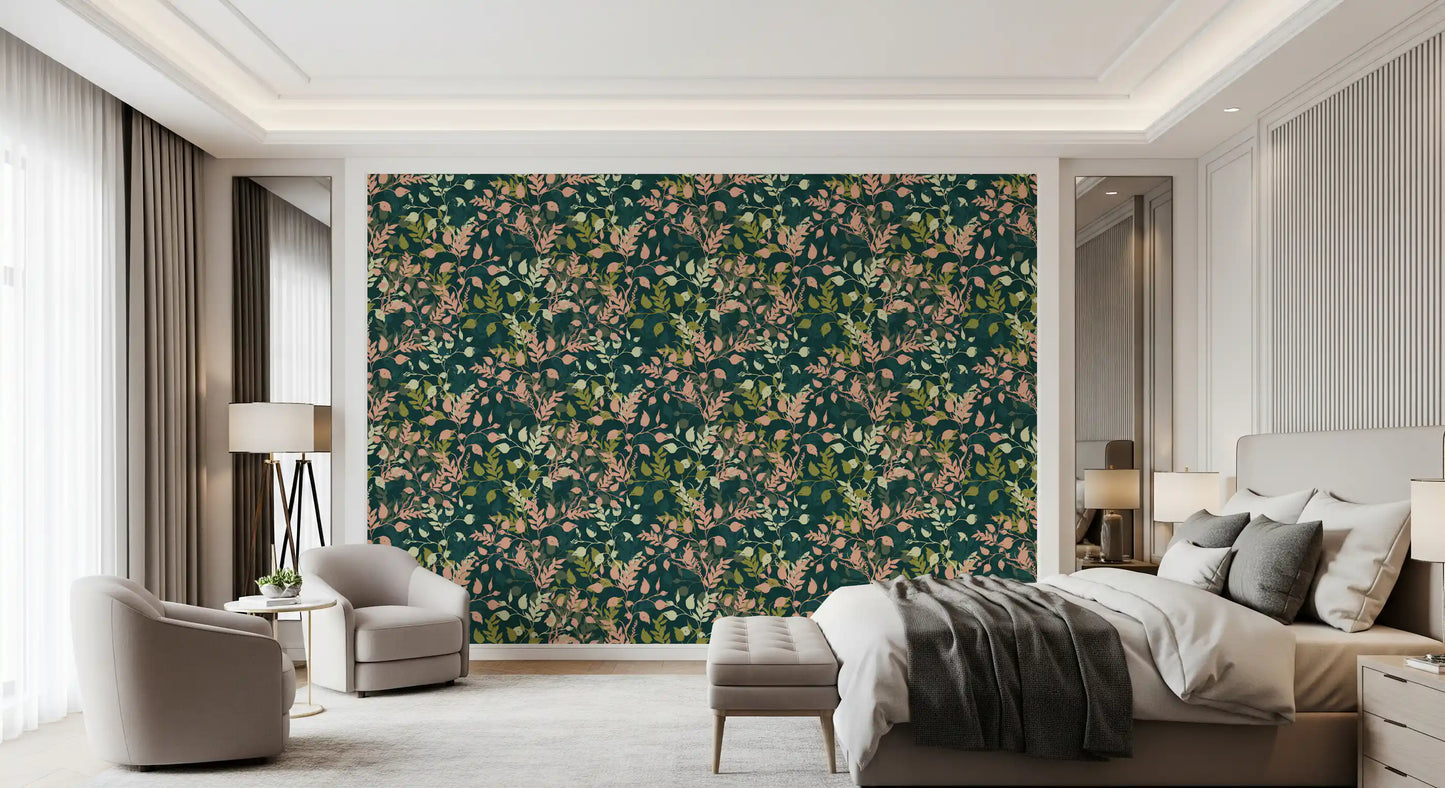 Midnight Garden Botanical Leaf Silhouette Wallpaper⁠
