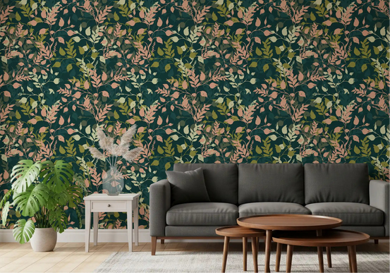 Blush leaf wallpaper deepening a cosy living room GD11732
