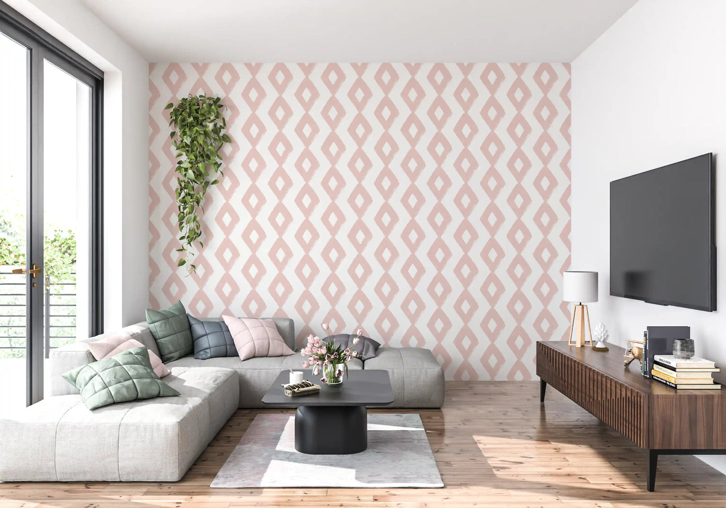 Soft Blush Hand-Painted Diamond Geometric Wallpaper⁠
