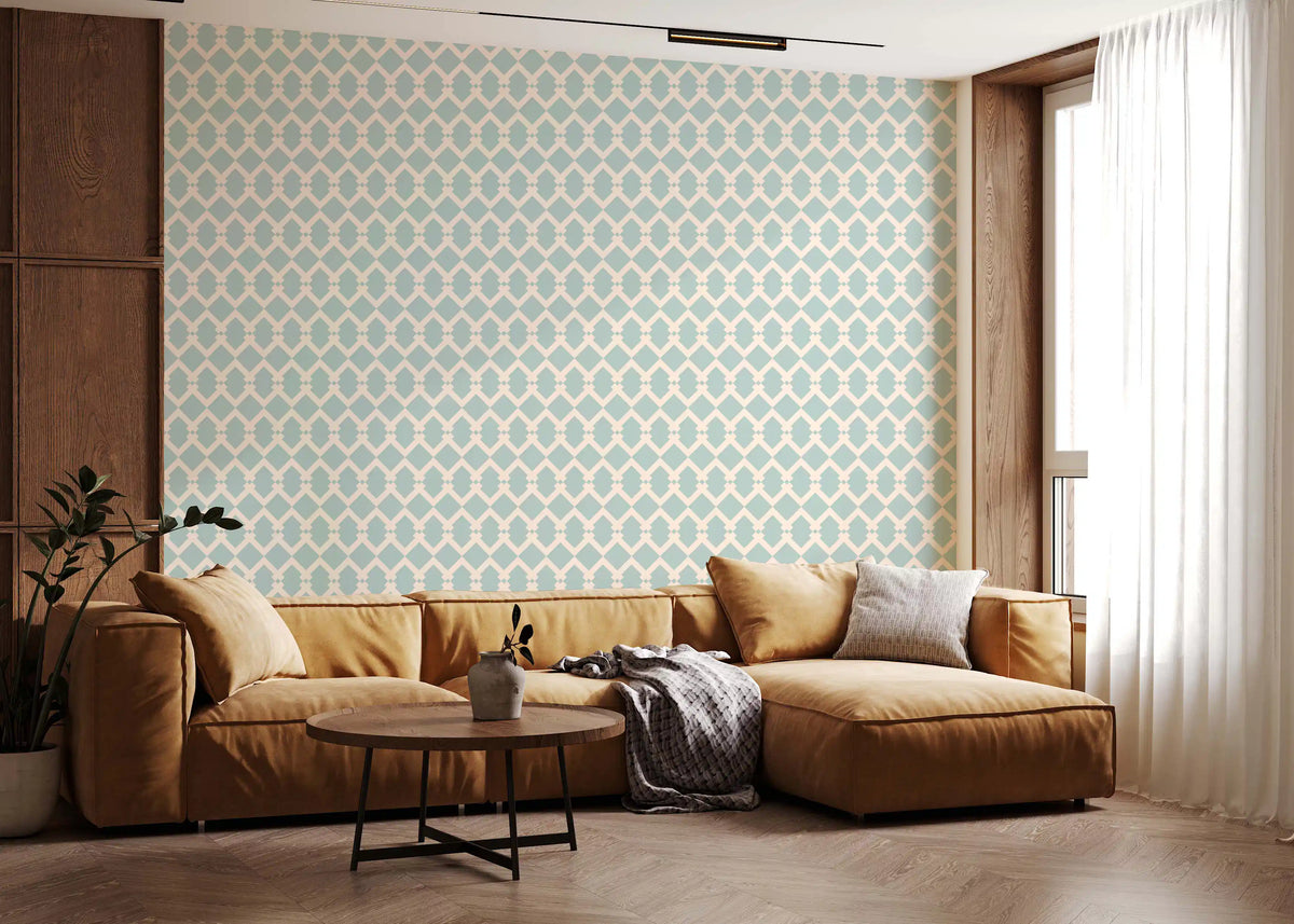 Nordic Interlocking Diamond Lattice wallpaper in a calm living room, GD11734
