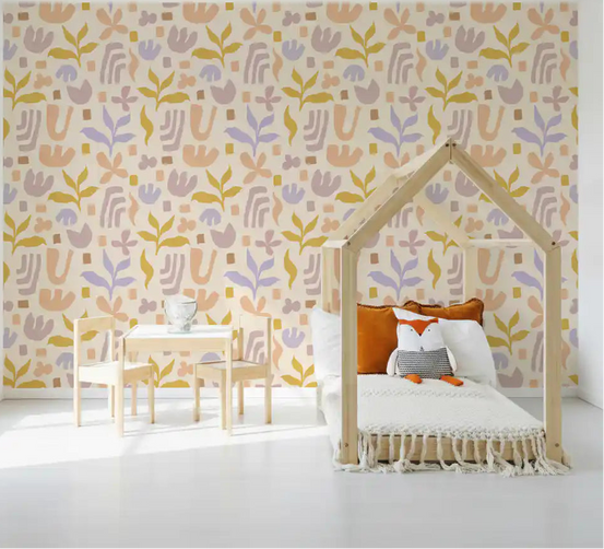 Abstract organic shapes warm a kids' room in peach, lilac and gold wallpaper GD11736
