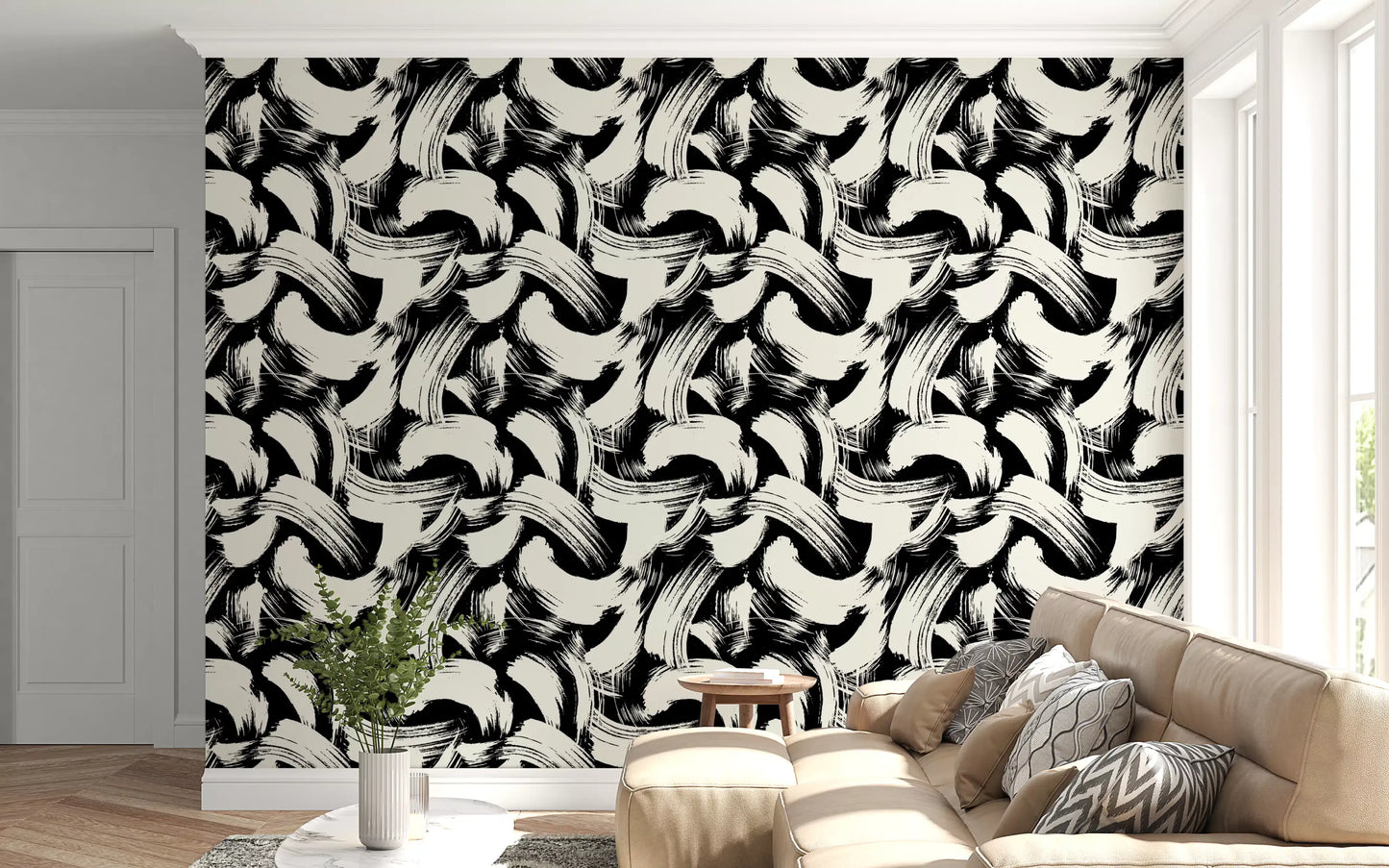 Monochrome Swirl Brushstrokes Wallpaper⁠
