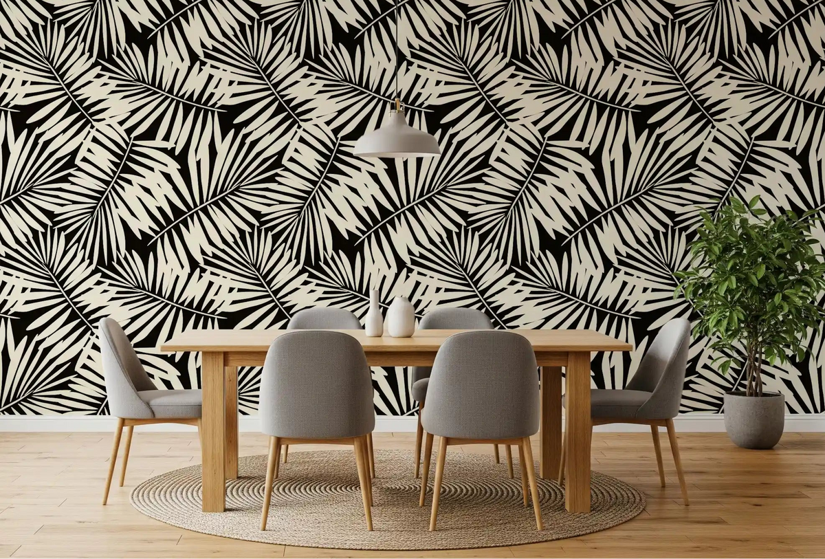 Minimalist Palm Leaf Monochrome wallpaper filling a calm living room, GD11744

