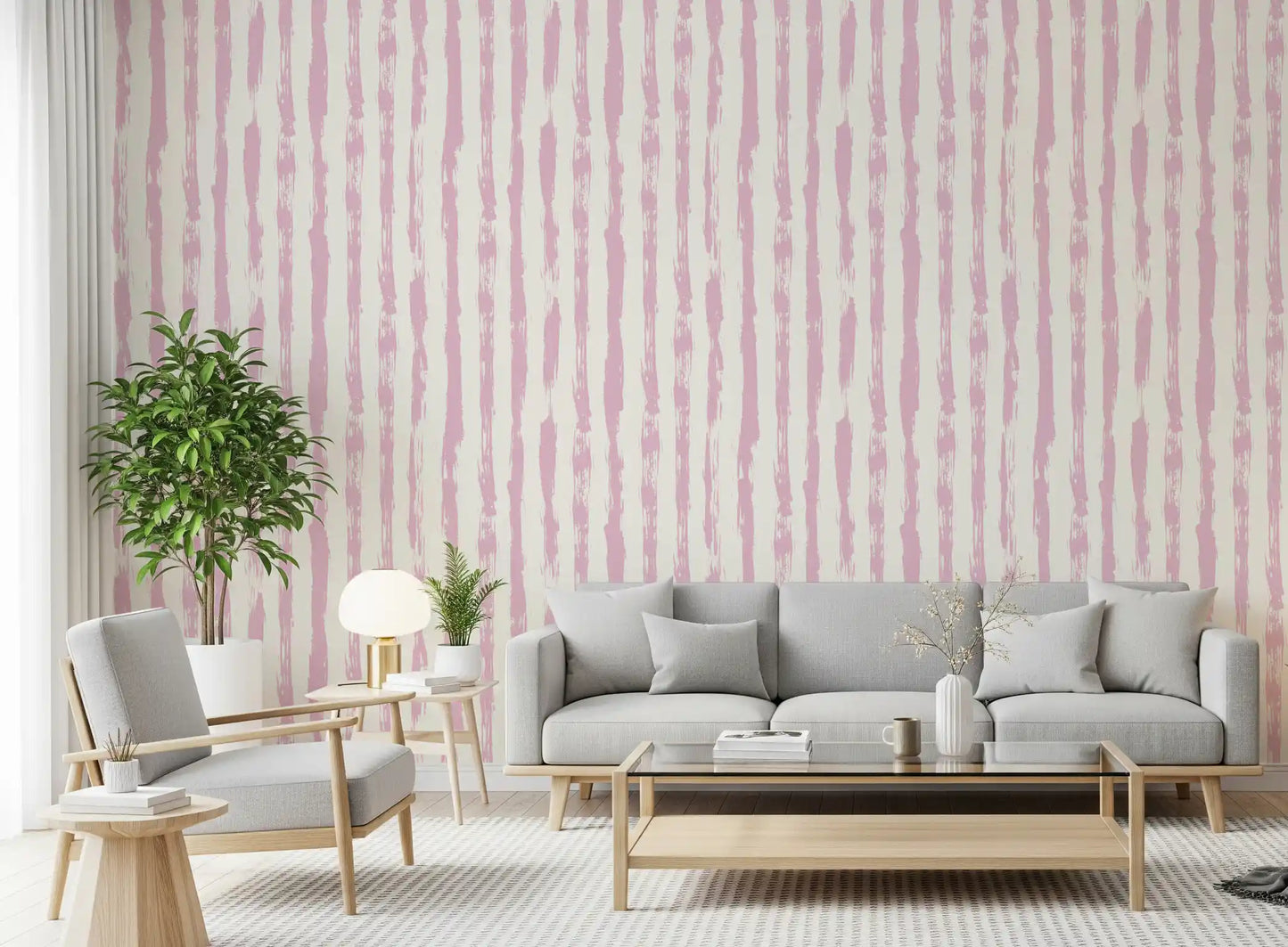 Soft Blush Hand-Painted Vertical Stripes Wallpaper⁠