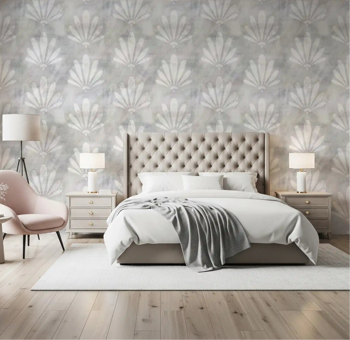 Minimalist fan pattern calms a bedroom in this grey wallpaper GD11760
