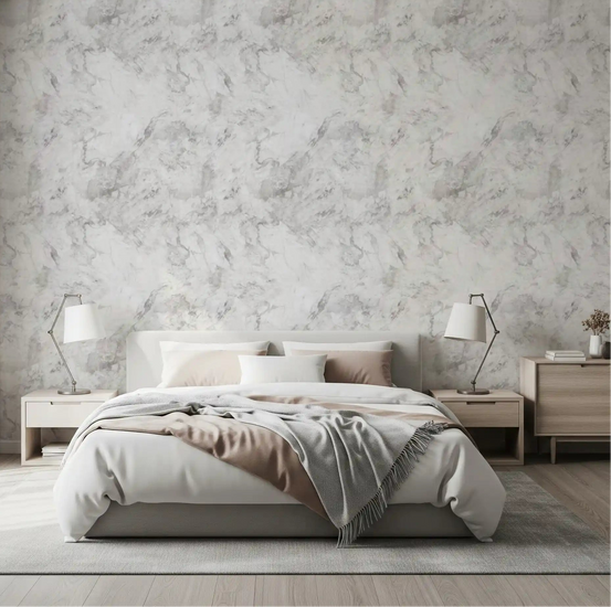 Bedroom dressed in Monochrome Veined Marble Wallpaper GD11764
