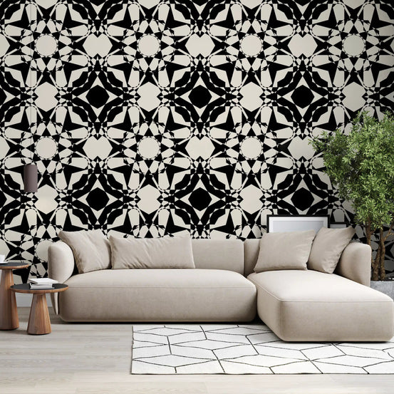 Interlocking Geometric Pattern wallpaper framing an airy living room GD11767
