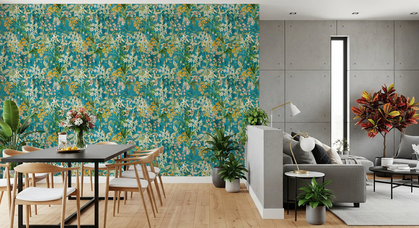 Turquoise Meadow Botanical Illustration Wallpaper⁠