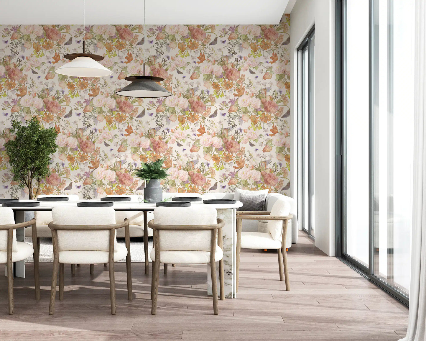 Muted Meadow Botanical Illustration Wallpaper⁠