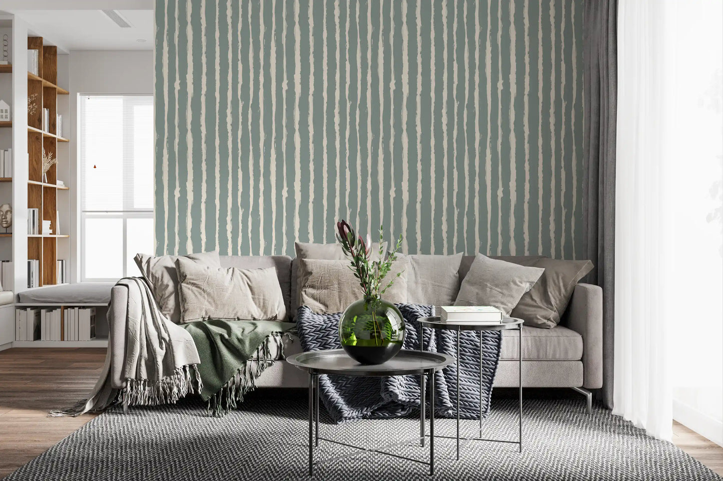Organic Sage Green Line Pattern Wallpaper⁠
