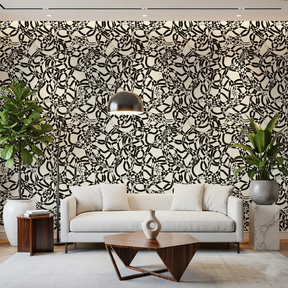 Interwoven Monochromatic Curves wallpaper sets a graphic tone in a living room GD11792

