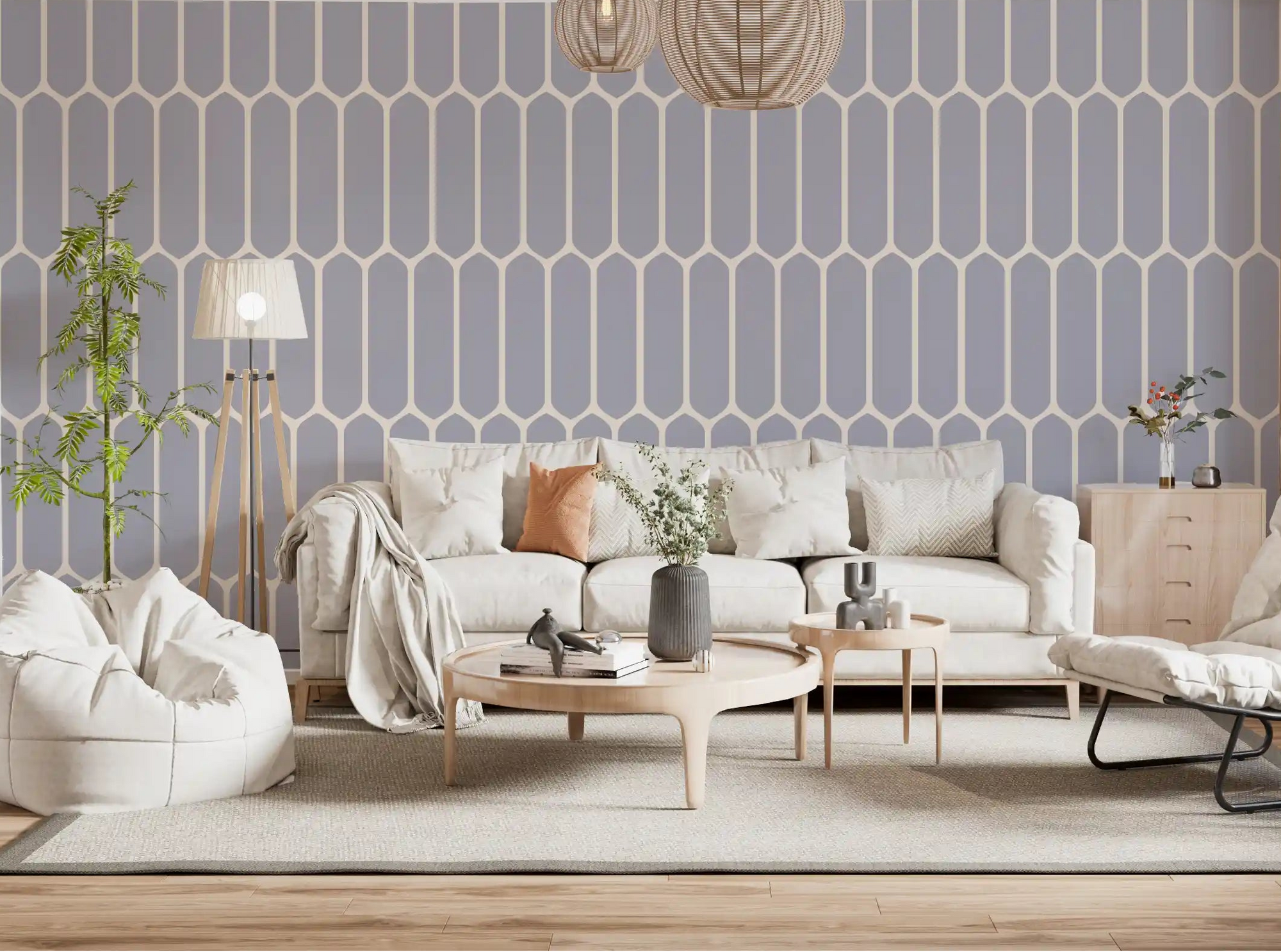 Grey geometric arches wallpaper warms a calm living room scheme GD11795