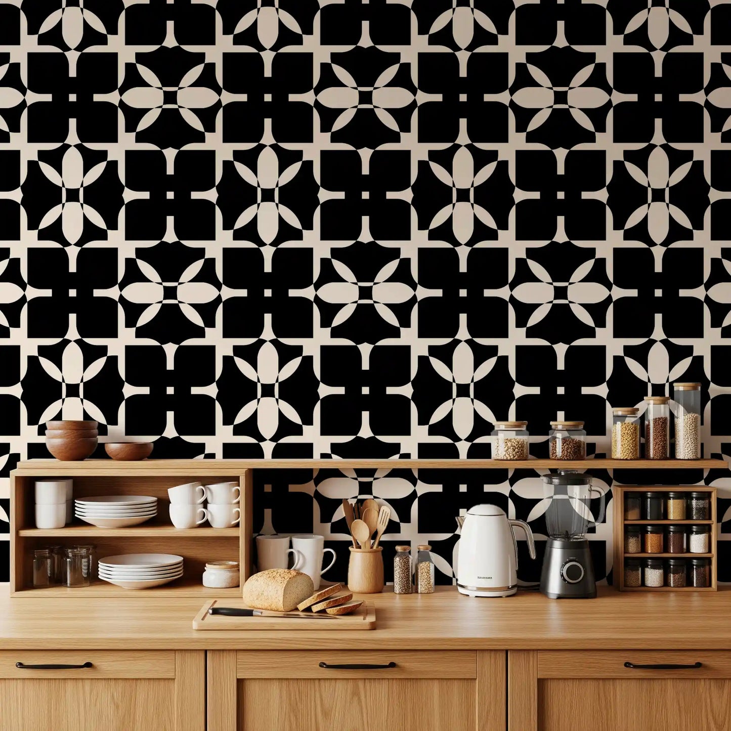 Graphic Monochrome Petal Tile Wallpaper⁠